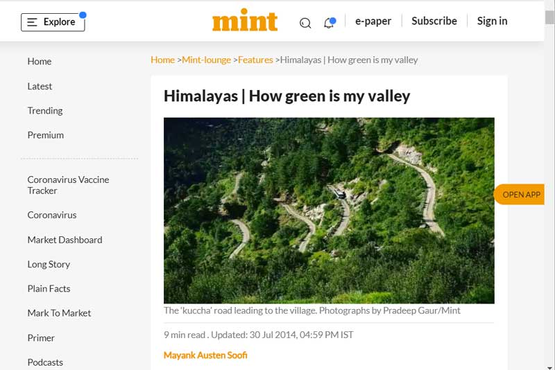 Himalayan Ecotourism Press coverage in the 'Live Mint' 2014