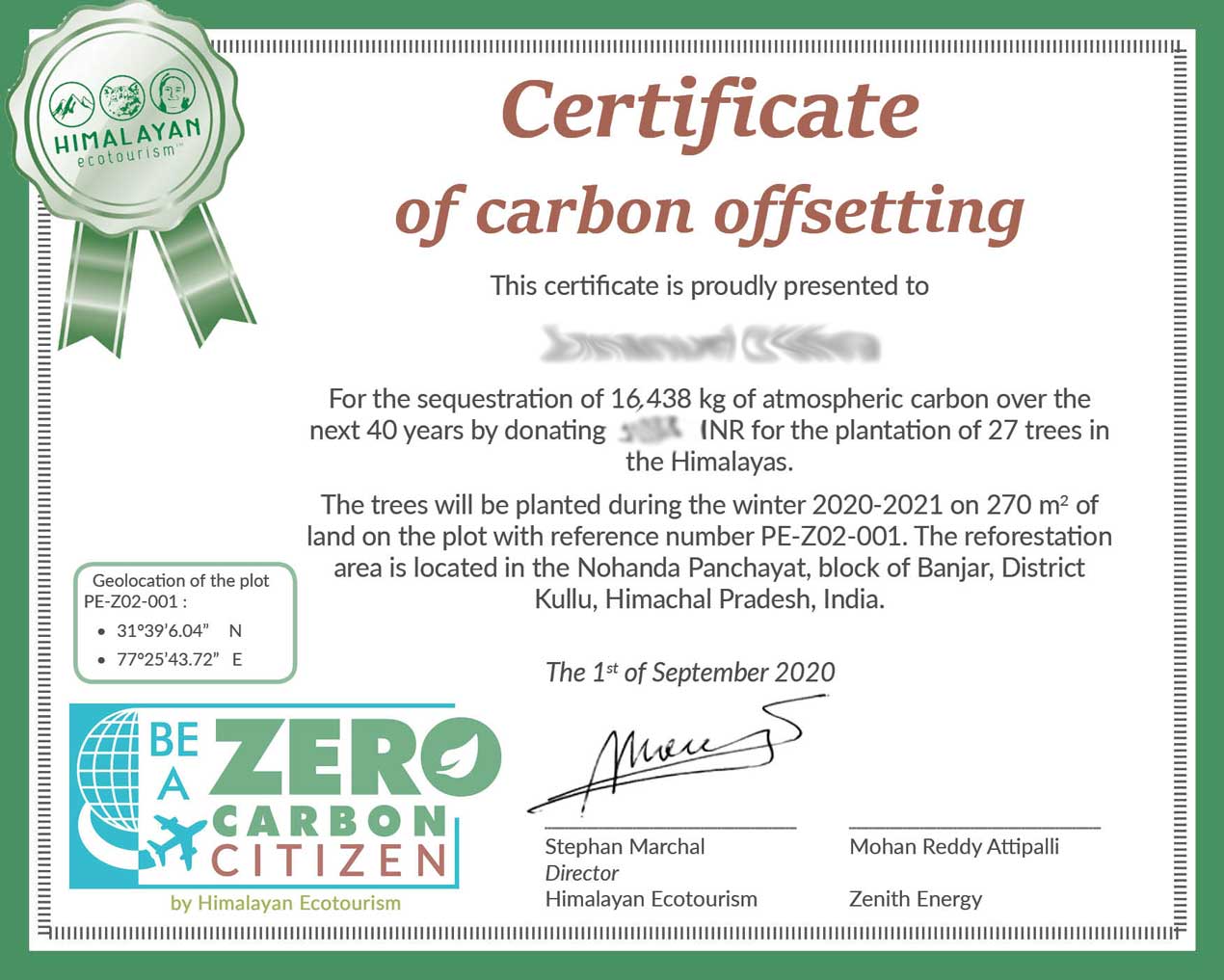 Certificate of carbon offsetting by Himalayan Ecotourism