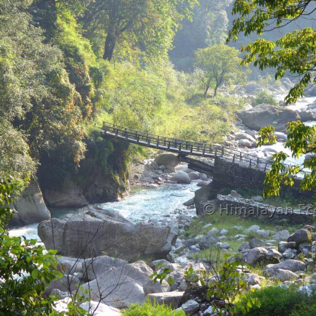 A bridge to cross the Tirthan river on Rolla trek.